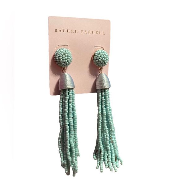 Rachel Parcell Beaded Linear Tassel Earrings In Seafoam Gold NWT - Picture 2 of 4